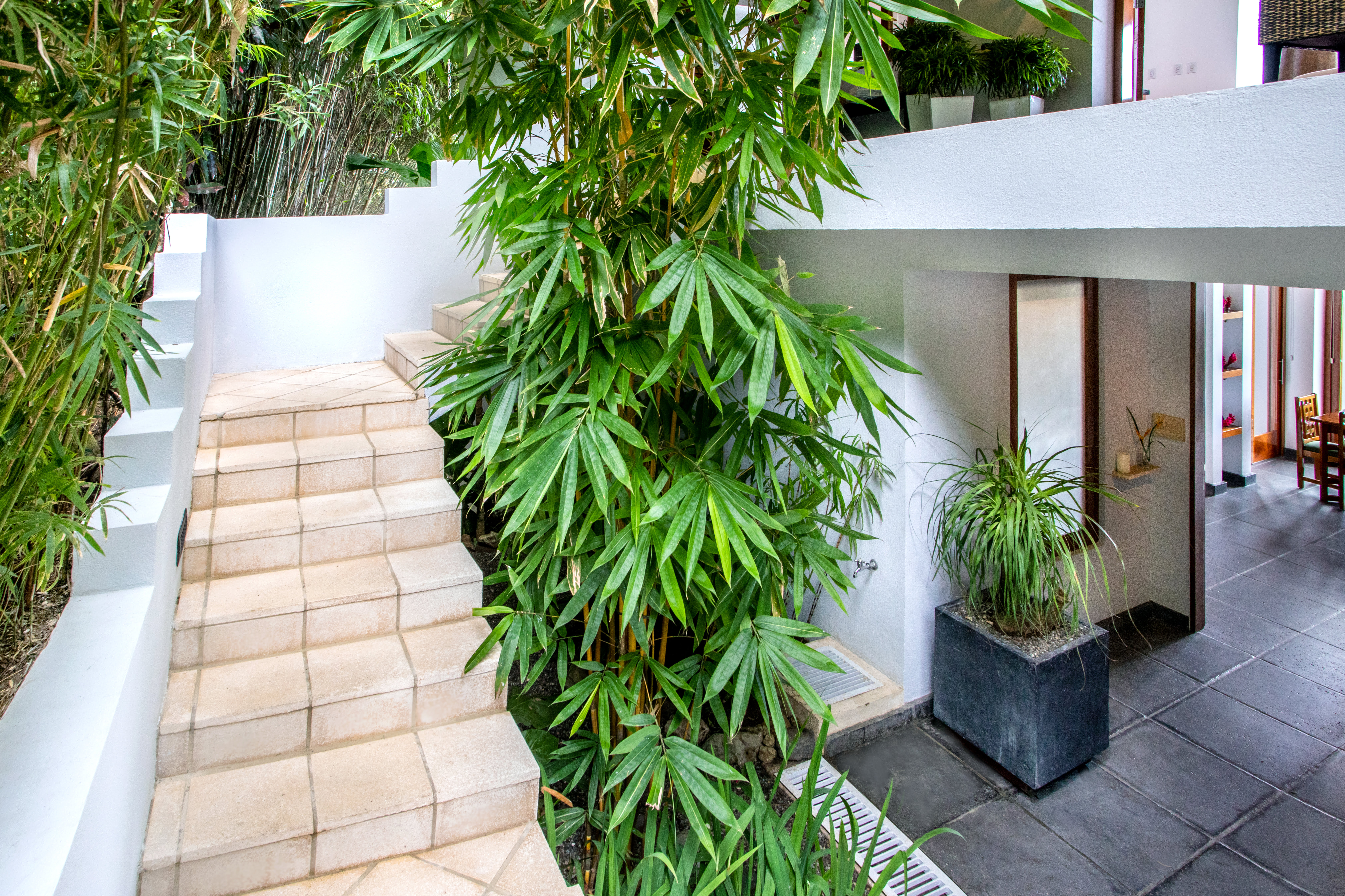 Exterior staircase connects upper and lower levels