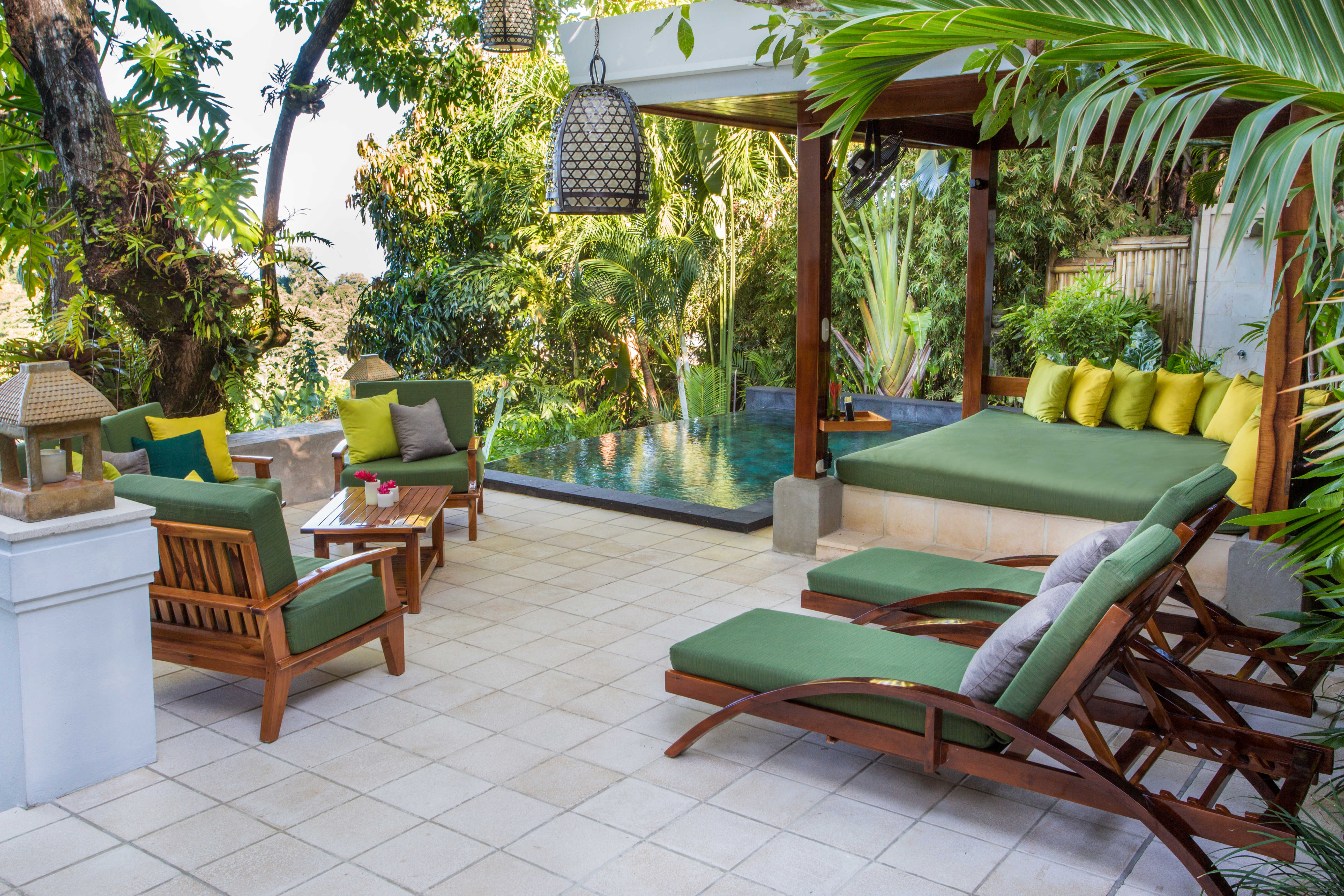 Terrace, pool, and pavilion